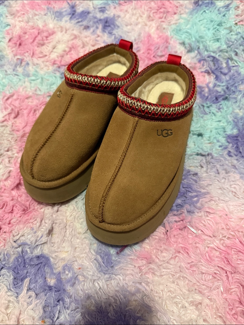 UGG Chestnut Suede Slip-On Clog with Red Trim